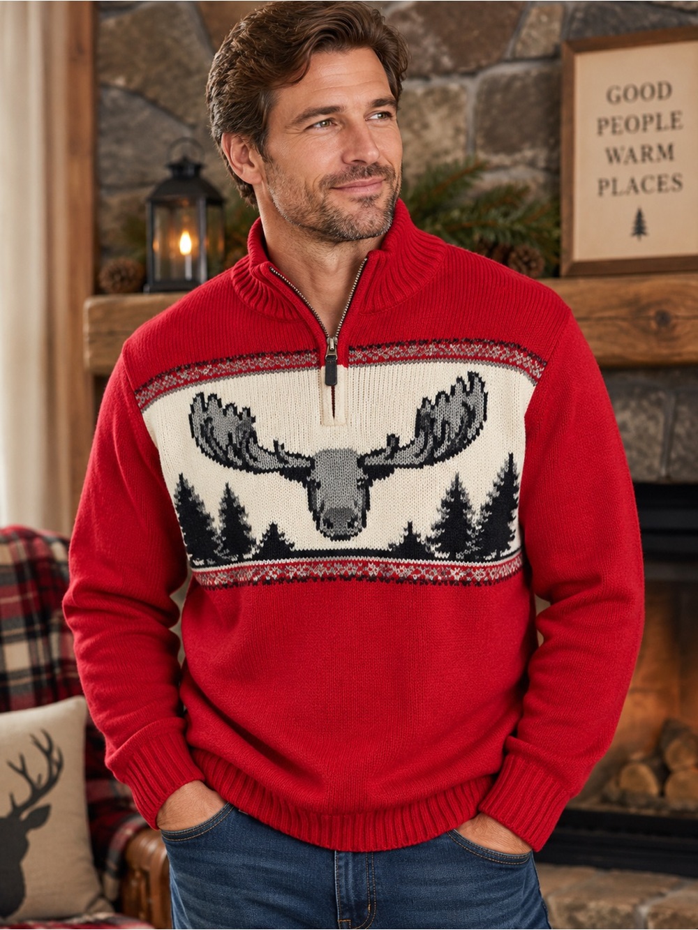 CHAPS Mens Fair Isle Moose Quarter Zip Sweater Red Nordic Ski Lodge Large